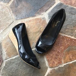 Cole Haan 8.5 Black peep toe cork wedge heels